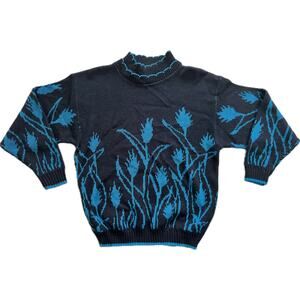 Vintage Amana 60s 70s Tulip Flowers Ski Sweater Art Artsy Black Turquoise XL
